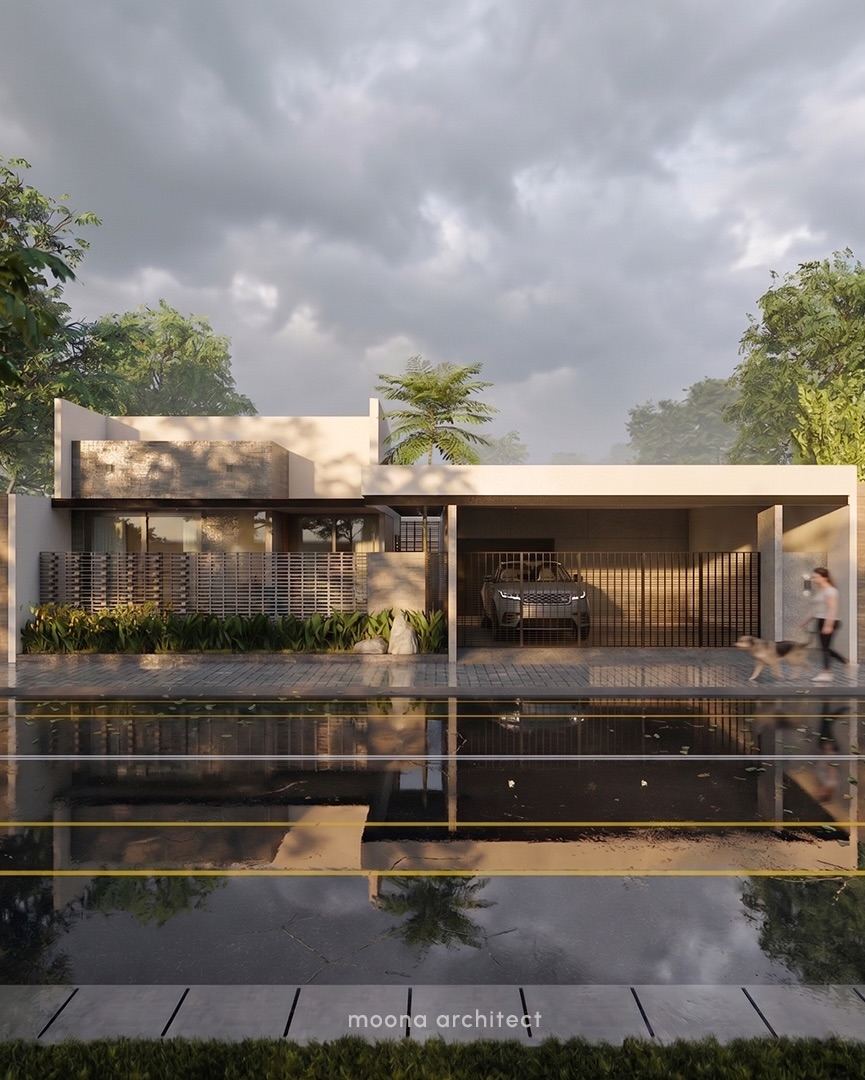 AE House Pak Adhim - tampak depan night render dengan warm landscape lighting + reflektif jalan basah