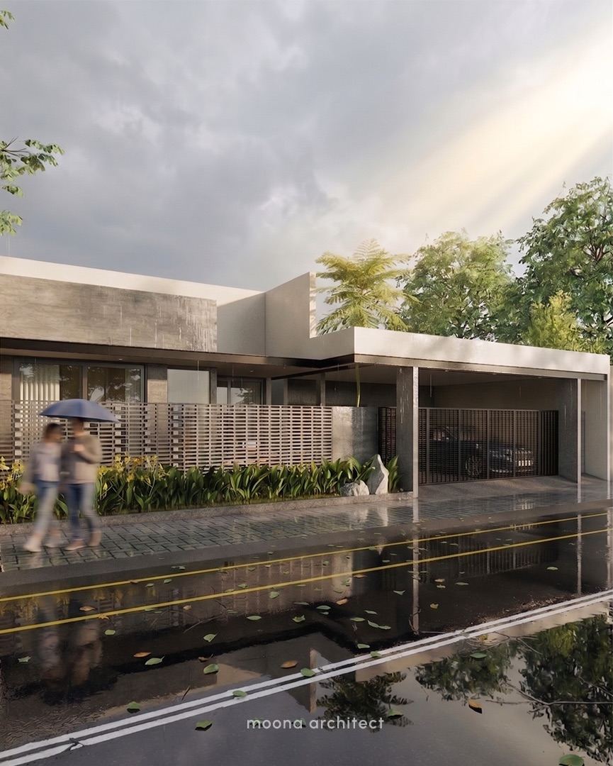 AE House Pak Adhim - tampak depan dramatic dengan moody overcast sky