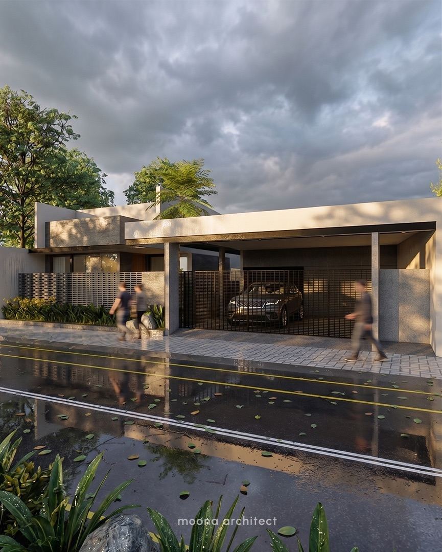AE House Pak Adhim - twilight dengan strip LED carport + cloudy sky