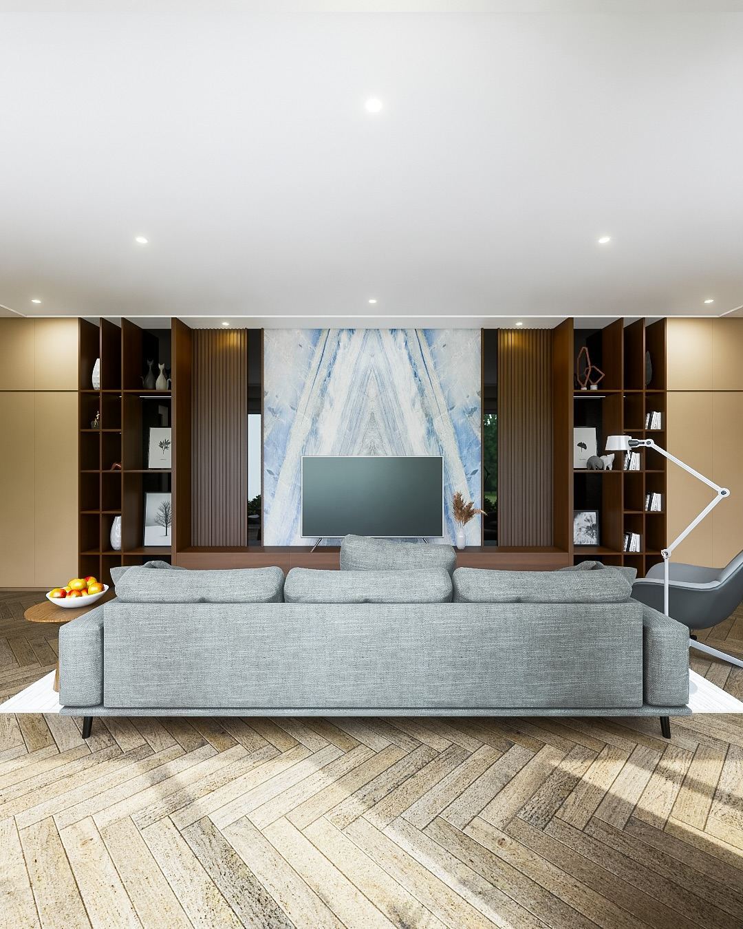 Living Room Pak Andi - sisi swivel chair + bookshelf walnut + TV blue marble