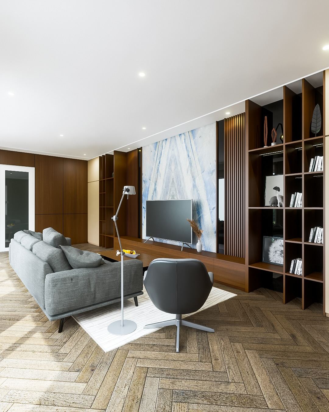 Living Room Pak Andi - perspektif balkon dengan sliding glass door + reading chair
