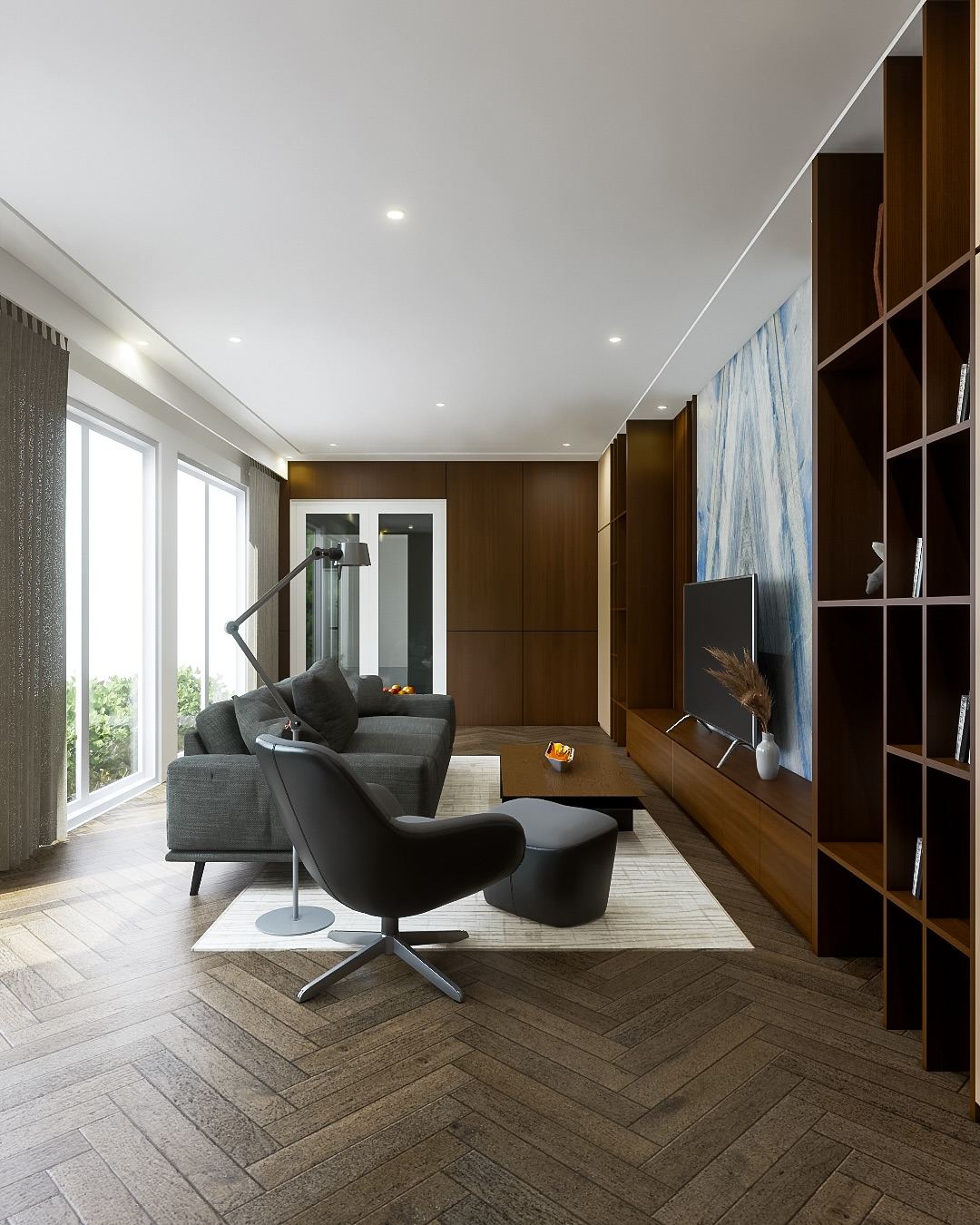 Living Room Pak Andi - perspektif dari window, parquet herringbone + sofa modular