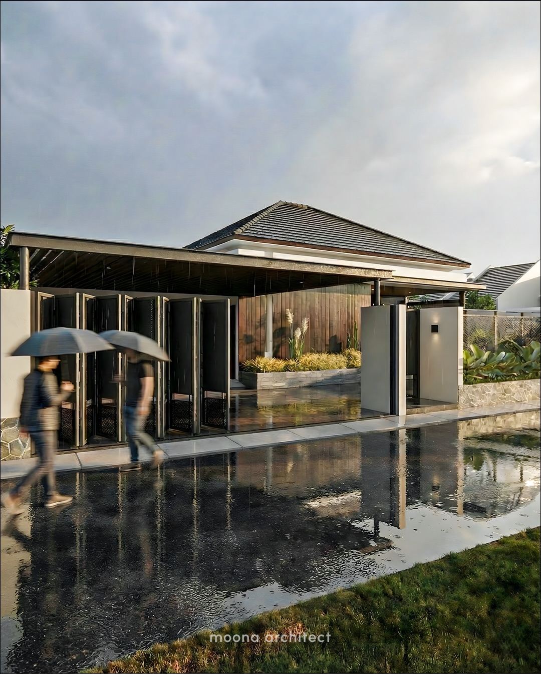 Rumah Pak Asyheri - teras dengan vertical wood cladding + cantilever overhang + cactus planter