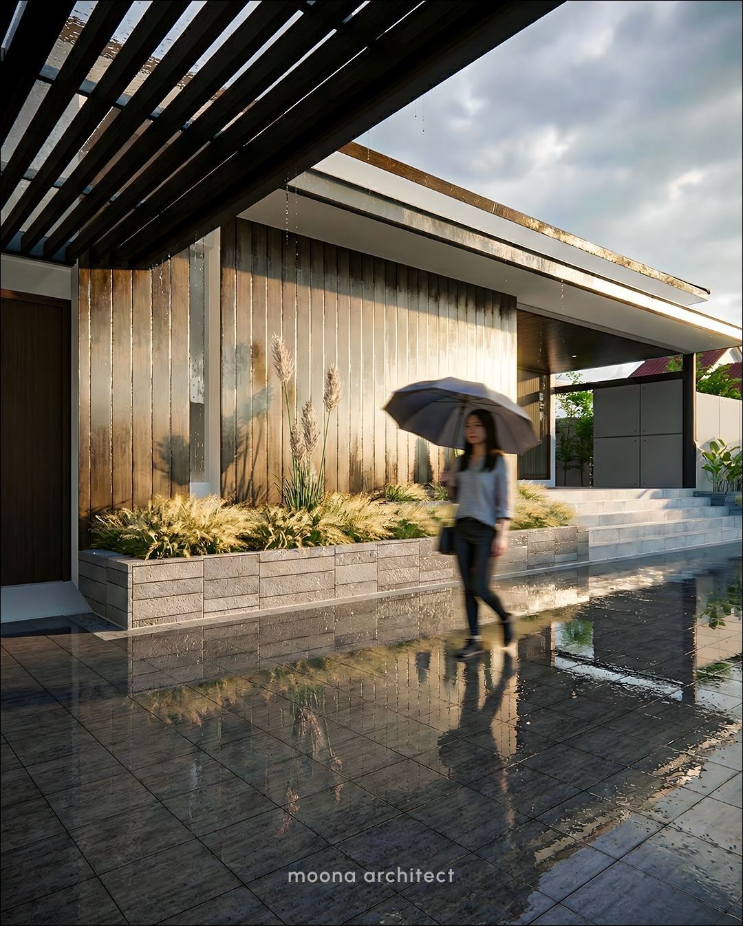 Rumah Pak Asyheri - night render dengan moon + uplighter pagar + atap limasan
