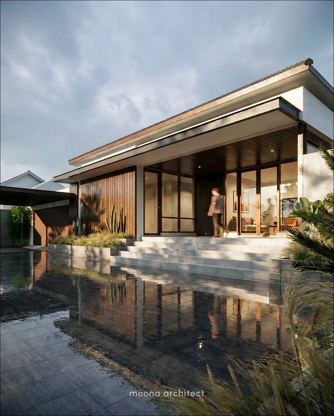 Rumah Pak Asyheri - rain perspektif folding glass door full open + atap limasan tropis