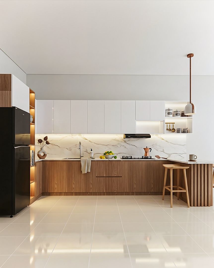 Kitchen Set Kak Bayu - U-shape walnut + putih dengan calacatta backsplash + storage organizer terbuka
