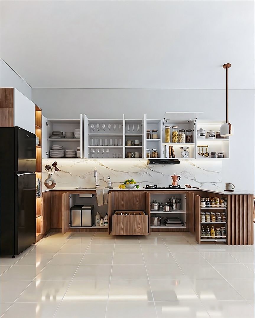 Kitchen Set Kak Bayu - detail breakfast bar marble calacatta + stool kayu + label COPI/TEH/GULA