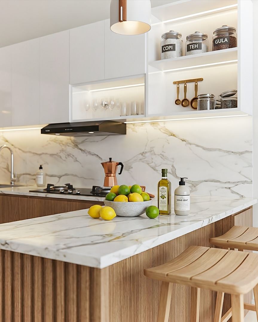 Kitchen Set Kak Bayu - small kitchen L-shape dengan breakfast bar fluted + pendant copper