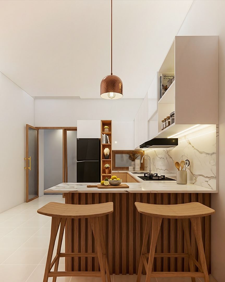 Kitchen Set Kak Bayu - perspektif tampak depan walnut + calacatta + breakfast bar fluted