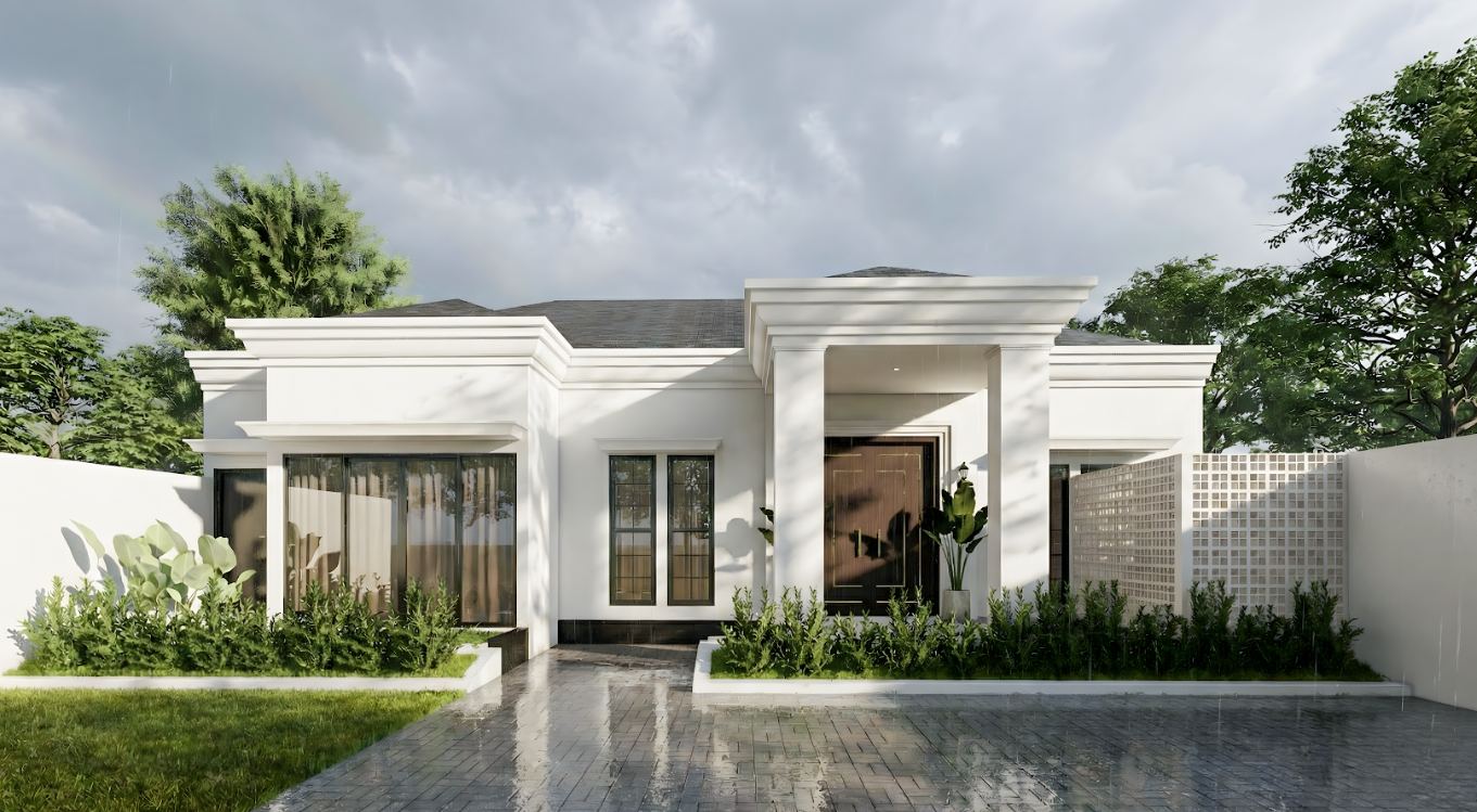 Billah House - tampak depan simetris classic minimalis dengan portico