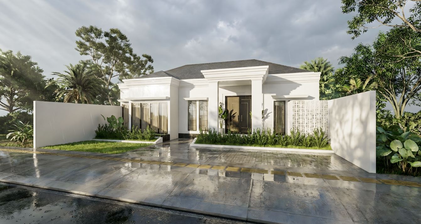 Billah House - perspektif sudut dengan roster putih dekoratif