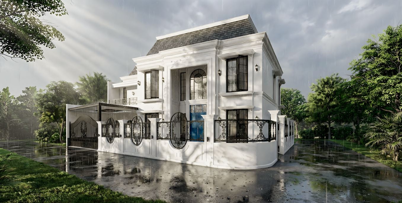 Rumah Pak David - perspektif sudut neo classic dengan pagar besi tempa