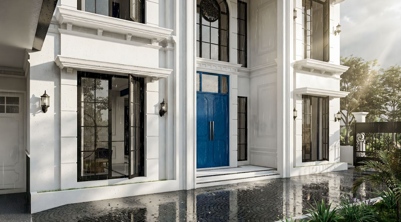 Rumah Pak David - detail entrance pintu biru signature