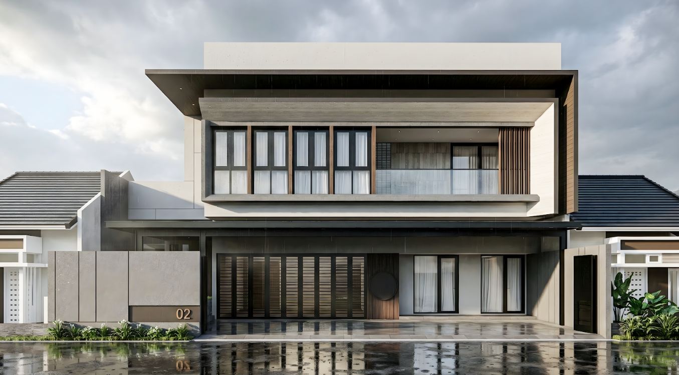 Rumah Ibu Erlisa - tampak depan simetris flat roof + concrete finish