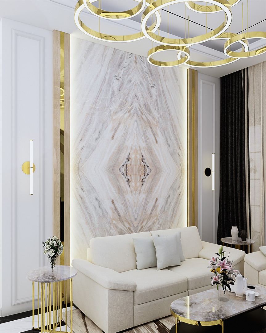 IN House Pak Lukman - living room double height dengan onyx feature wall + chandelier crystal