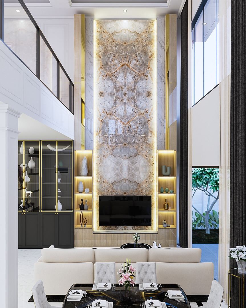IN House Pak Lukman - sofa boucle cream + bookshelf gold trim + view garden