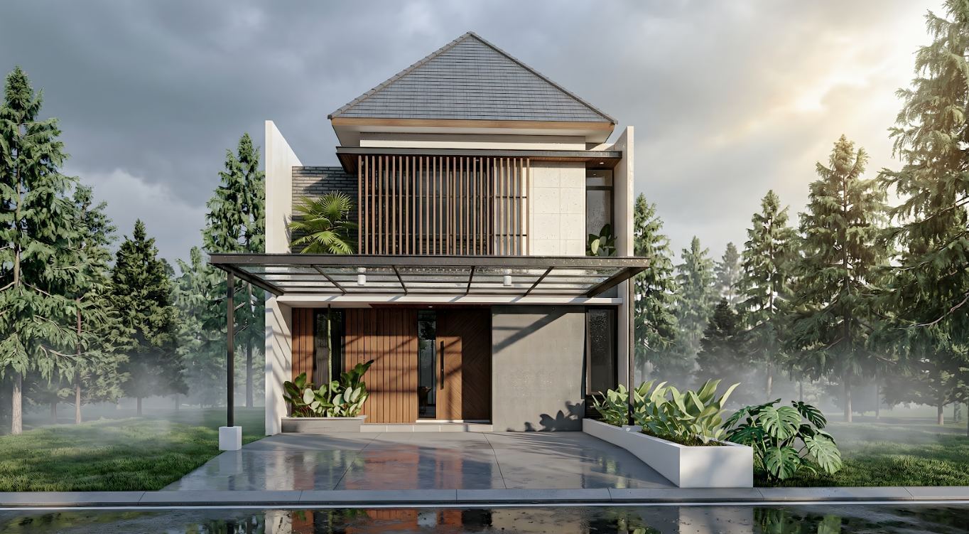 Rumah Pak Rio Prayogo - tampak depan simetris dengan canopy kaca