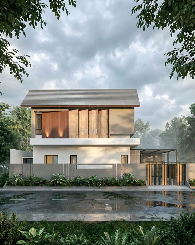 SL House Pak Sigit - tampak depan vertical louvre kayu
