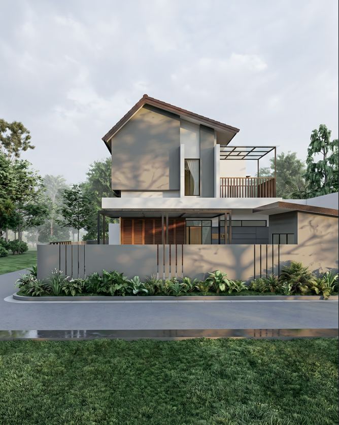 SL House Pak Sigit - perspektif kiri dengan rooftop pergola