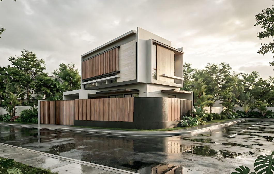 Rumah Pak Winata - perspektif sudut dengan louvre kayu vertikal