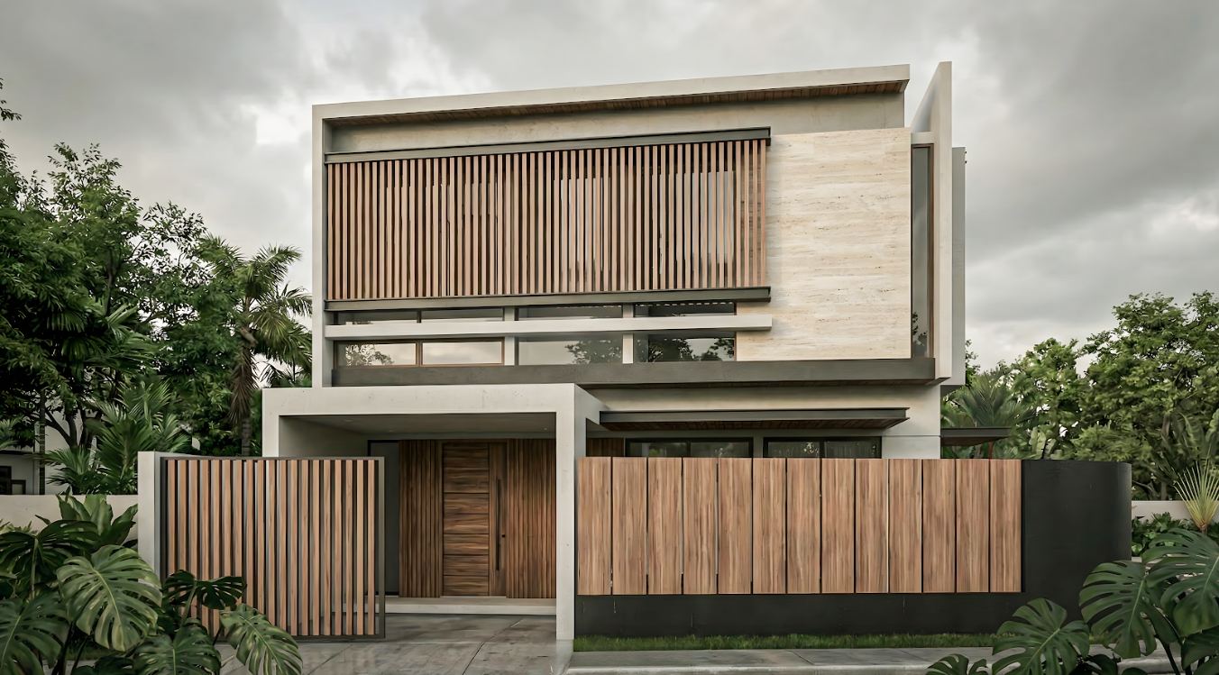 Rumah Pak Winata - tampak depan simetris dengan travertine accent